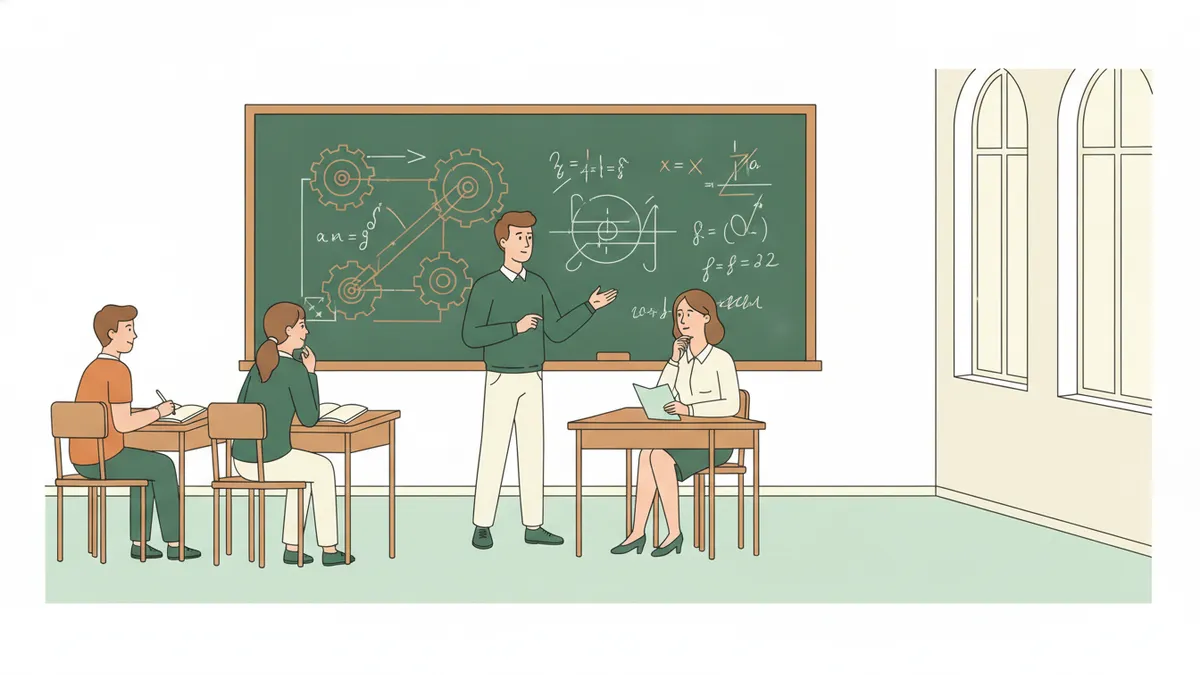 Illustration : une khôlle dans une salle de classe ; une étudiante explique au tableau un schéma de mécanisme à un professeur assis, pendant que deux autres étudiants attendent leur tour à leur table.