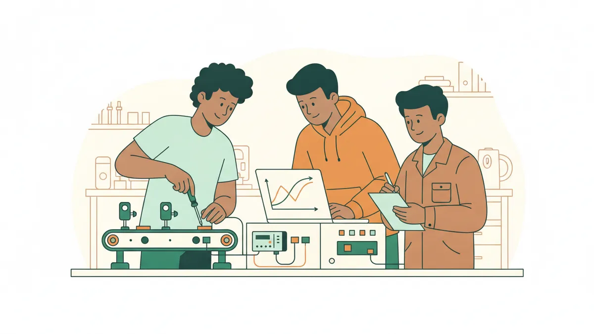 Illustration : trois étudiants autour d'un banc d'automatisme ; l'un règle un capteur au tournevis sur un petit convoyeur motorisé, un autre lit une courbe sur un ordinateur portable, le troisième prend des notes.