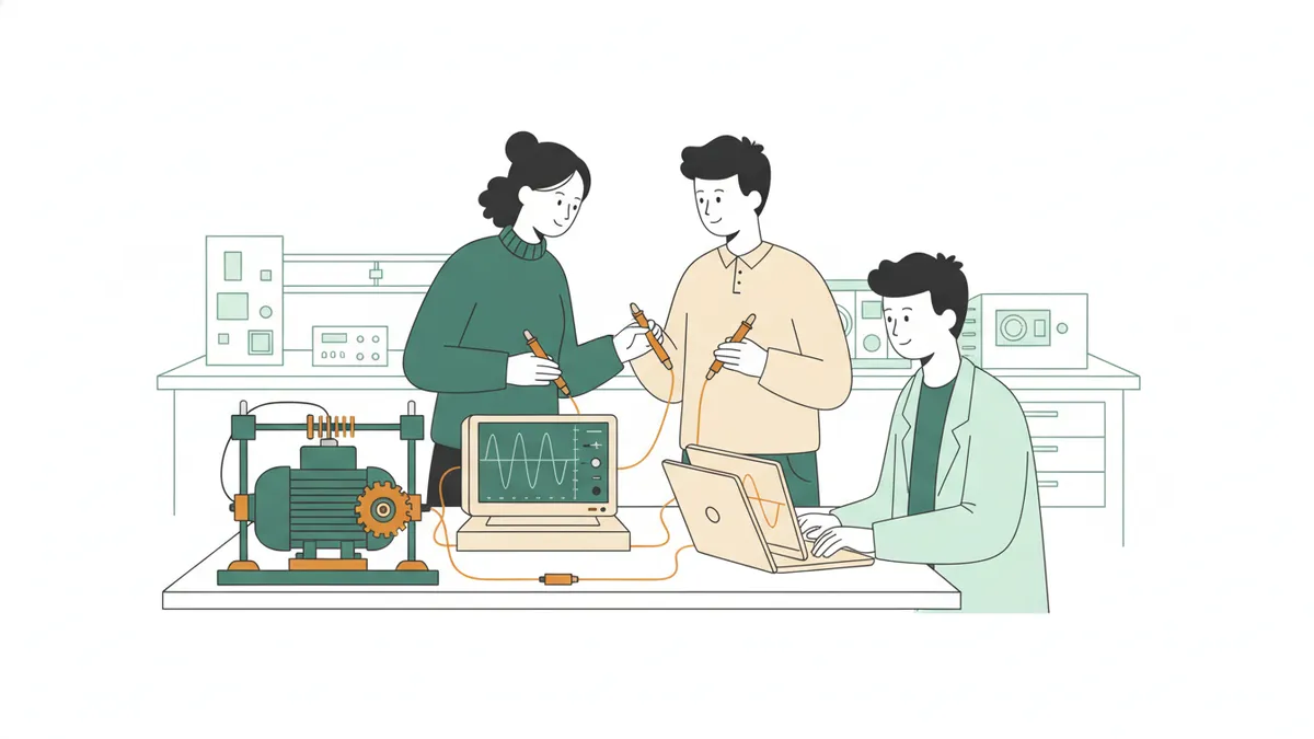 Illustration : trois étudiants dans un laboratoire de technologie mesurent un moteur électrique monté sur un banc d'essai ; l'un tient des sondes reliées à un oscilloscope, un autre suit une courbe sur un ordinateur portable.