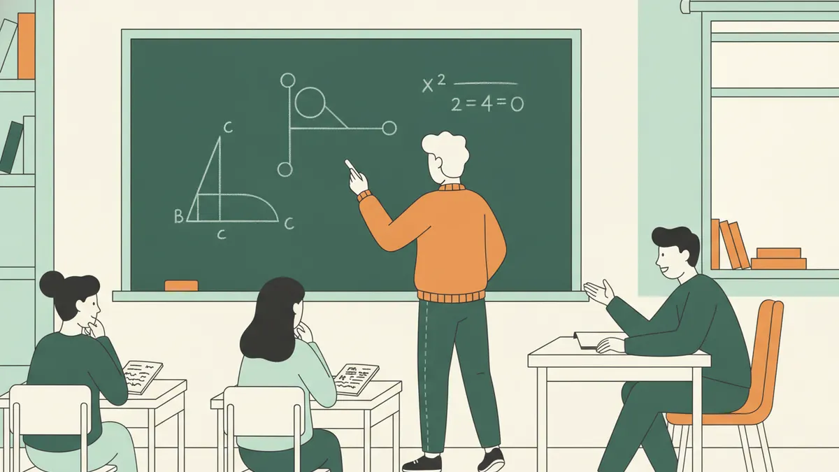 Illustration : dans une petite salle, un étudiant résout un exercice au tableau vert devant un professeur assis qui lui pose une question ; deux camarades attendent leur tour, notes en main.
