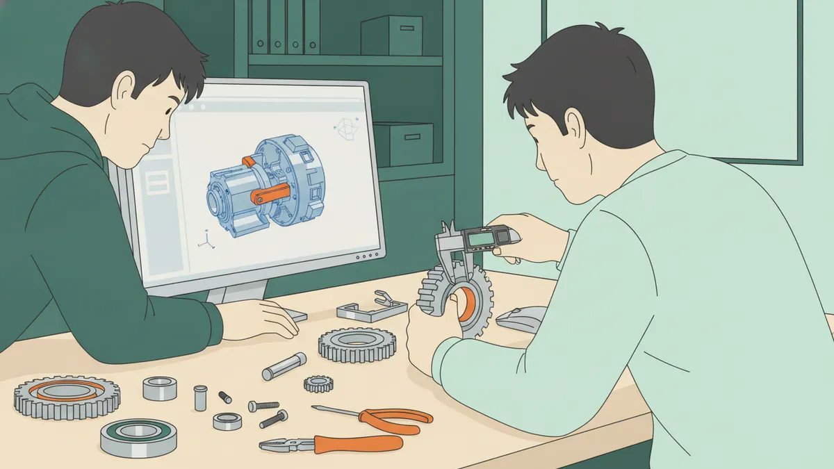 Illustration : deux étudiants assemblent un prototype de réducteur mécanique sur un établi ; l'un mesure un engrenage au pied à coulisse, l'autre compare avec le modèle 3D affiché à l'écran.