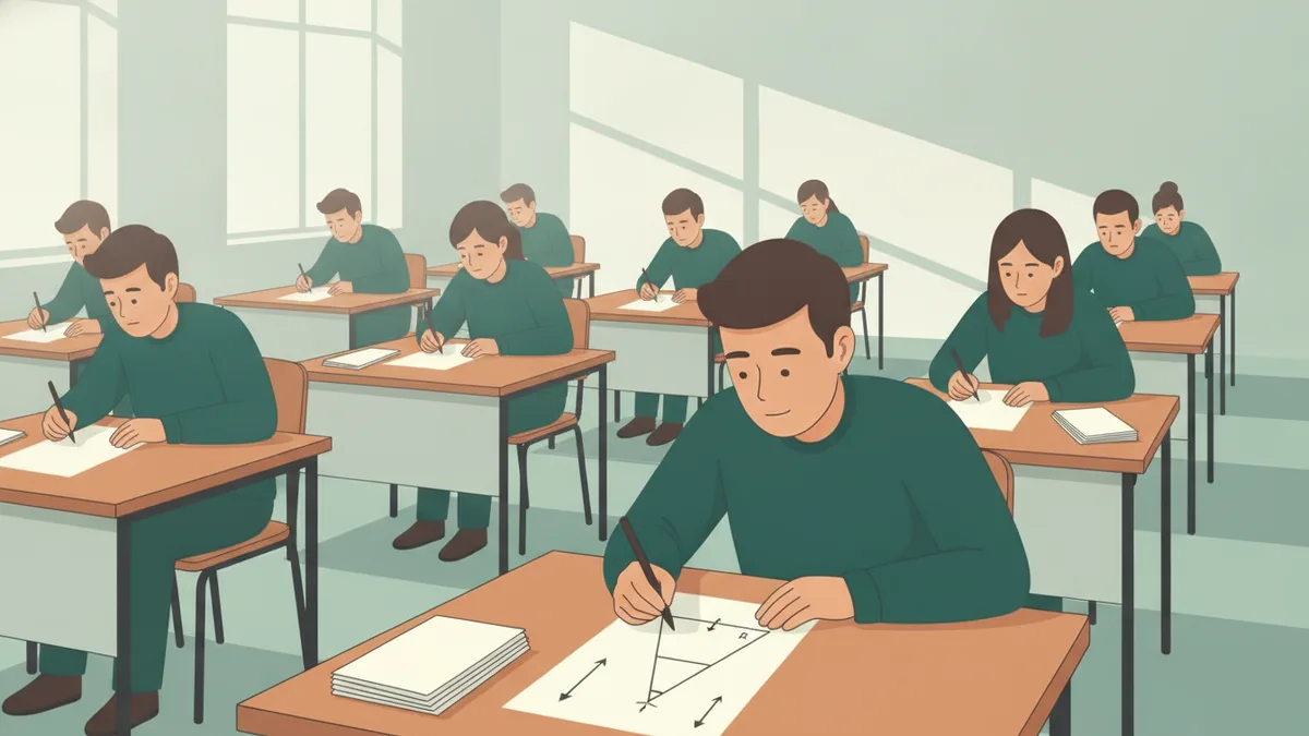 Illustration : un petit groupe d'étudiants penchés sur leurs copies dans une salle de cours lumineuse de l'université, un sablier et des feuilles de brouillon sur les tables, l'un relit un schéma de mécanique avec un pendule.
