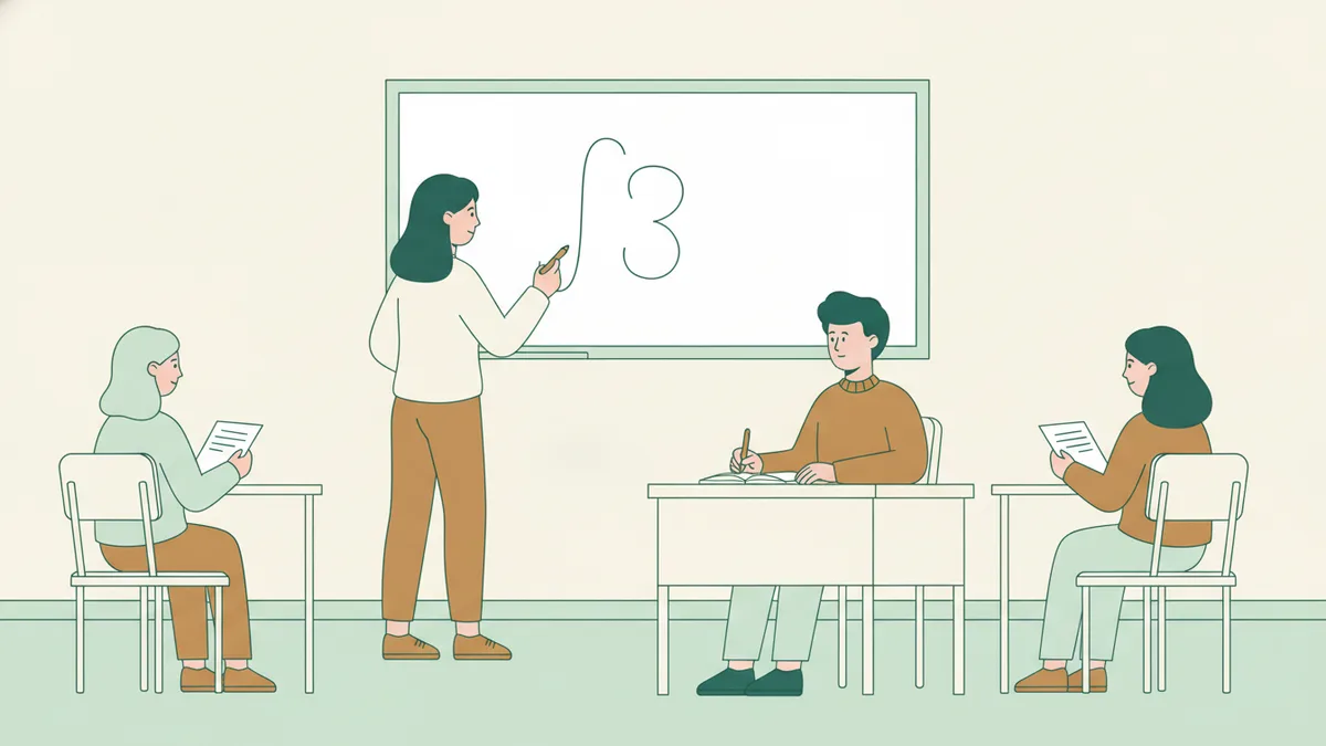 Illustration : dans une petite salle, une étudiante résout une intégrale au tableau blanc pendant qu'un enseignant, assis, l'écoute et prend des notes ; deux autres étudiants attendent leur tour avec leurs feuilles.