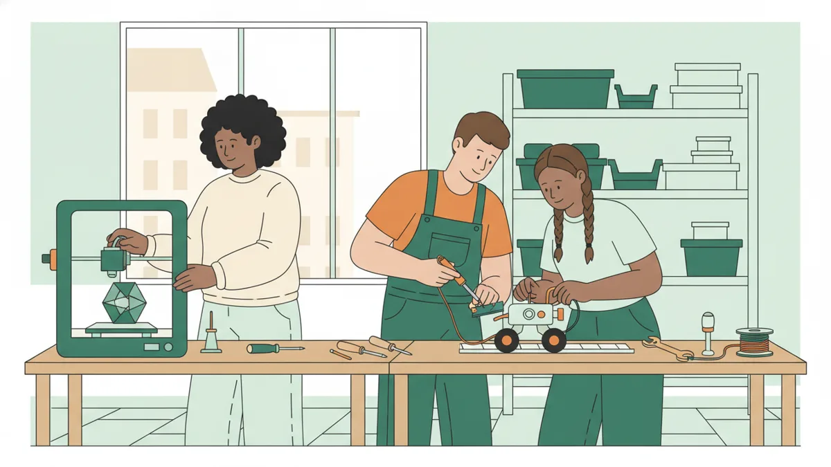 Illustration : dans un fablab universitaire, une étudiante règle une imprimante 3D qui imprime une pièce verte, tandis que deux camarades soudent une petite carte électronique et testent un robot à roues sur l'établi.