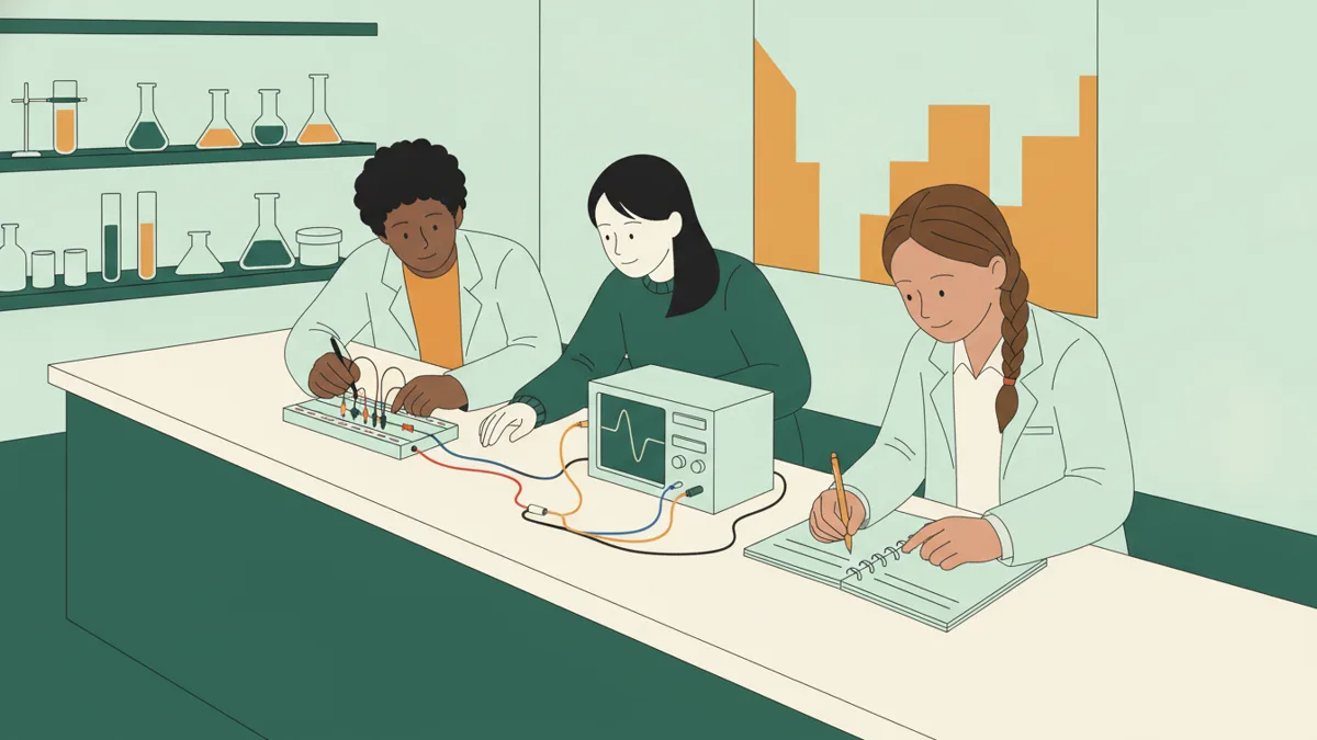 Illustration : en salle de travaux pratiques de physique, deux étudiants en blouse câblent un petit circuit électronique sur une plaque d'essai relié à un oscilloscope qui affiche une sinusoïde, pendant qu'une troisième note les mesures dans un cahier de laboratoire.