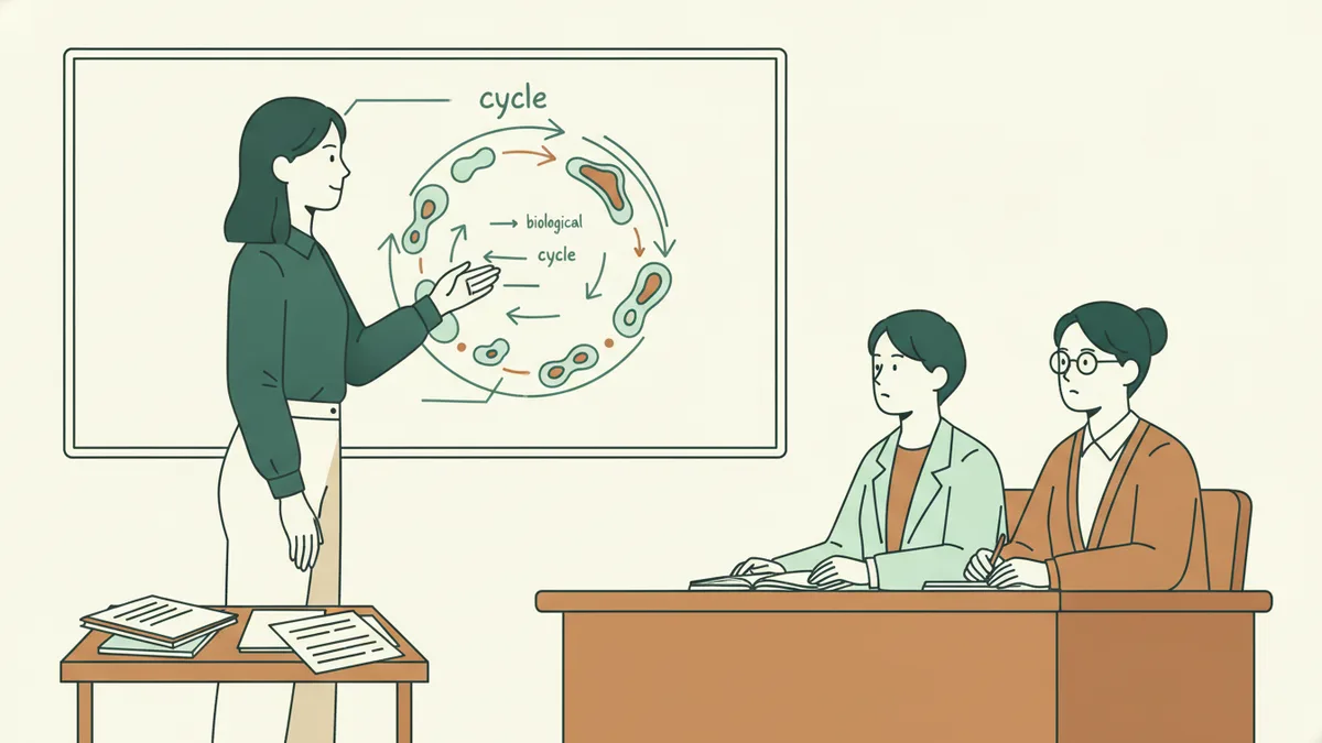 Illustration : une étudiante debout devant un jury de deux enseignants commente un schéma de cycle biologique qu'elle a dessiné au tableau ; ses notes sont posées sur une table à côté d'elle.
