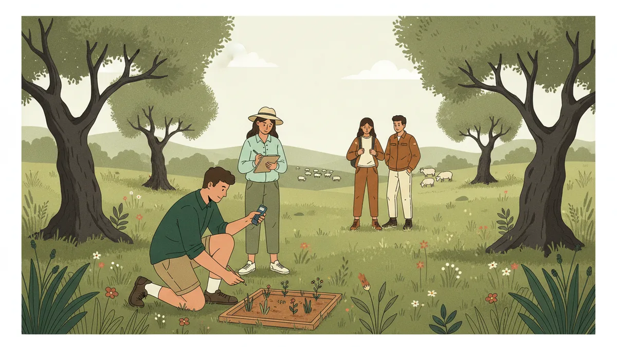 Illustration : quatre étudiants en sortie de terrain dans une prairie méditerranéenne, l'un relève des plantes dans un quadrat posé au sol, une autre note sur une tablette, deux autres observent des moutons au loin.