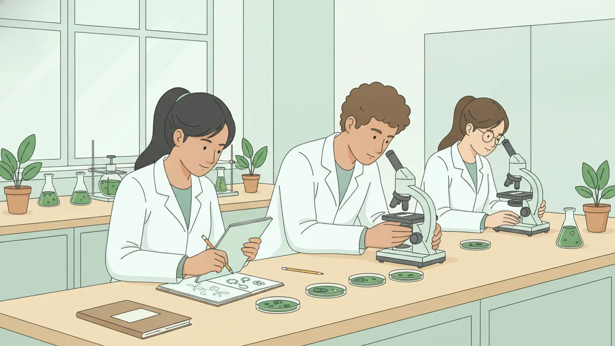Illustration : dans une salle de travaux pratiques, trois étudiants en blouse blanche observent des coupes de végétaux au microscope ; l'une dessine ce qu'elle voit dans un cahier, un autre ajuste la lumière de la lame.