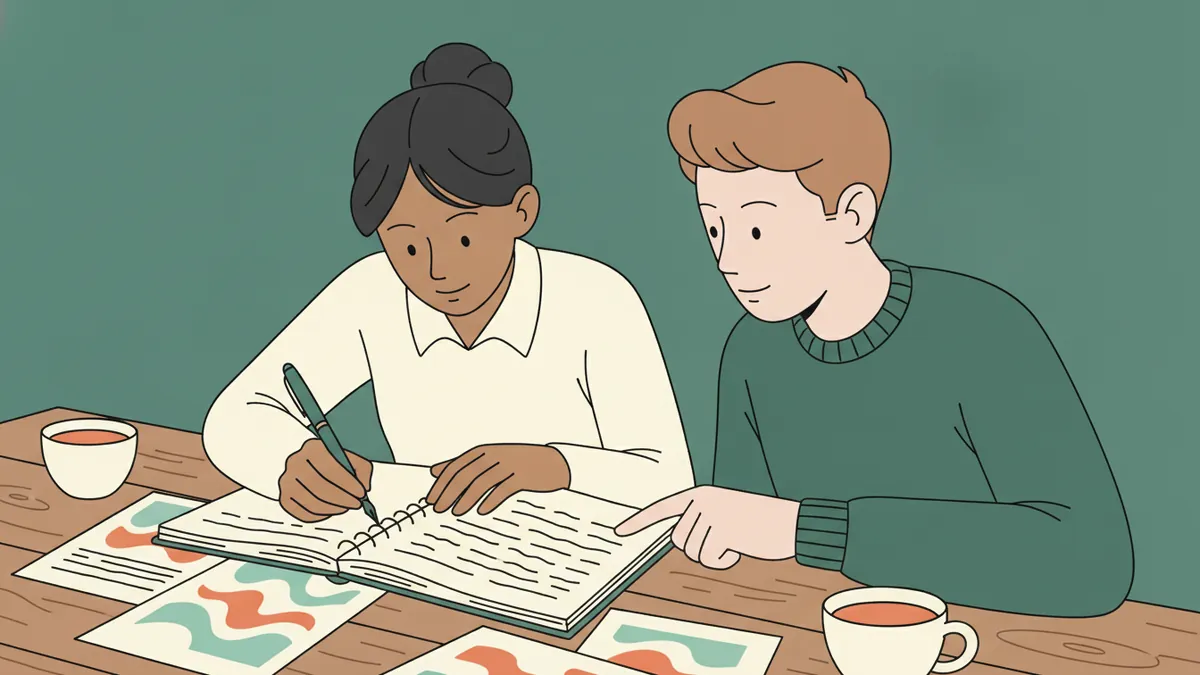 Illustration : gros plan sur deux personnes à une table en bois ; une étudiante écrit un rapport à la main dans un cahier, un formateur à côté d'elle montre un paragraphe du doigt et la conseille, entre des feuilles imprimées et des tasses.