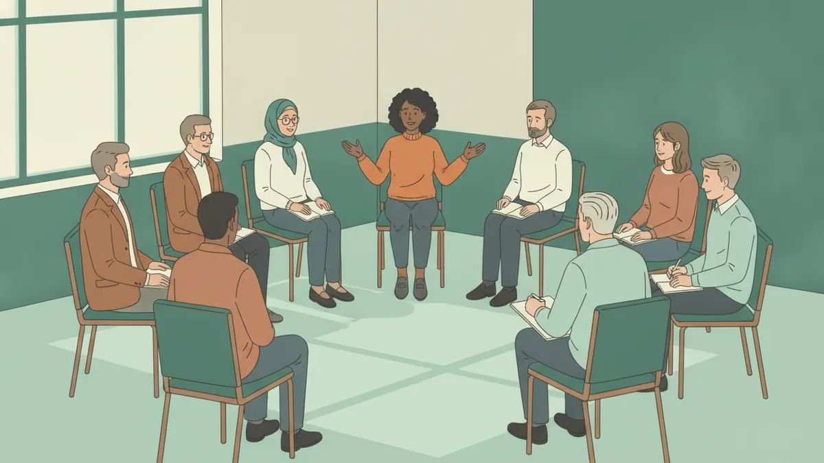 Illustration : huit étudiants d'âges et d'origines variés assis en cercle dans une salle claire ; une étudiante parle avec les mains pendant que les autres écoutent, un formateur prend des notes, des carnets sur les genoux.