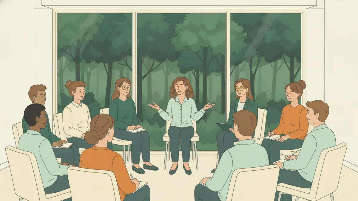 Illustration : une dizaine d'étudiants en travail social assis en cercle dans une salle aux grandes baies vitrées ouvertes sur des arbres ; une jeune femme parle avec les mains ouvertes, les autres écoutent et prennent des notes.