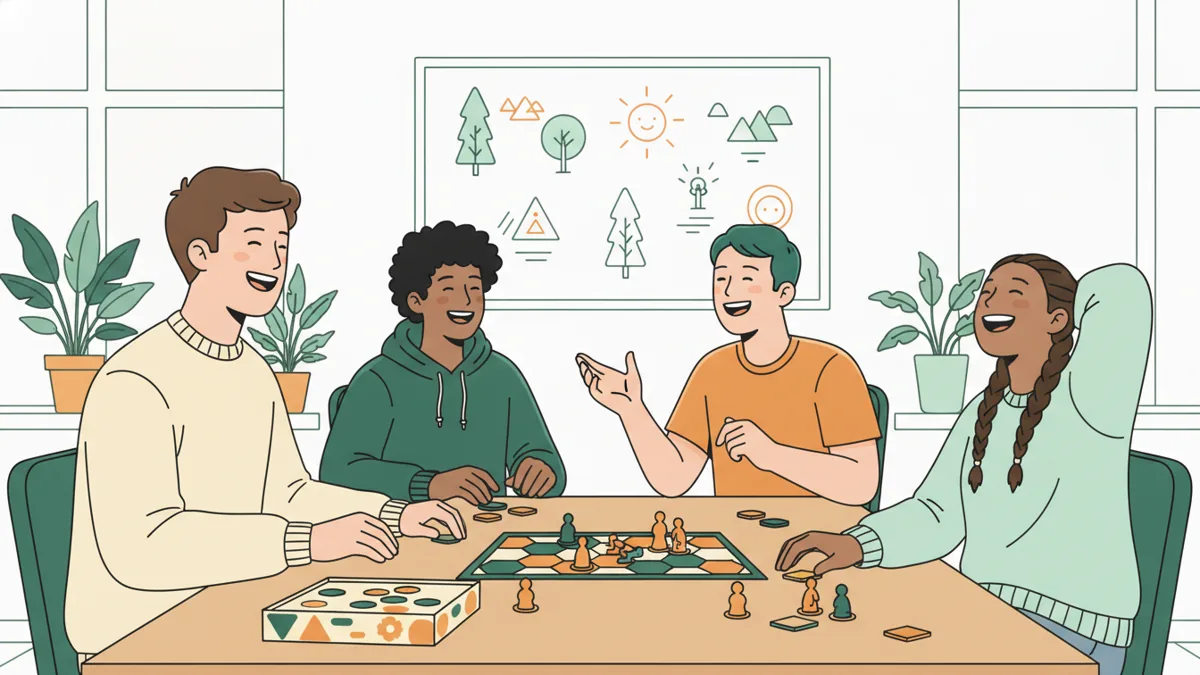 Illustration : un jeune éducateur apprenti rit avec trois adolescents autour d'un jeu de société, dans le salon lumineux d'un foyer, avec des plantes et des dessins au mur.