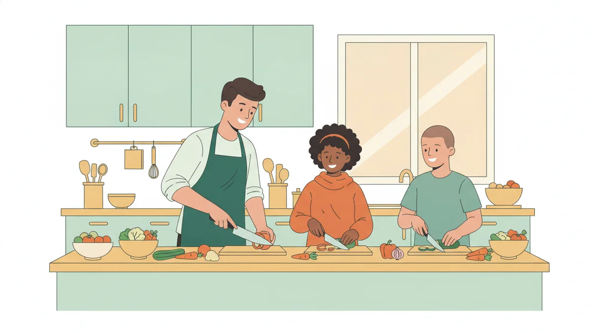 Illustration : un jeune éducateur anime un atelier cuisine avec deux adolescents dans la cuisine d'un foyer ; tous coupent des légumes en souriant.