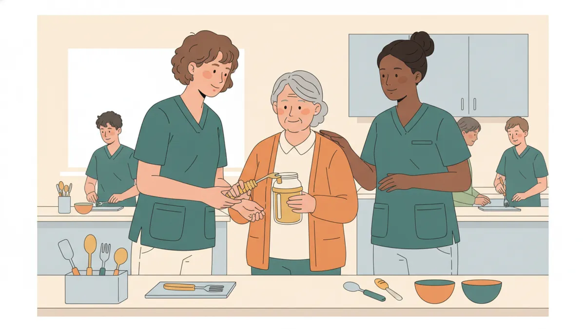 Illustration : dans une cuisine thérapeutique, une étudiante en tenue de soignante aide une dame âgée à utiliser un ouvre-bocal et des couverts adaptés, sous le regard d'une ergothérapeute.