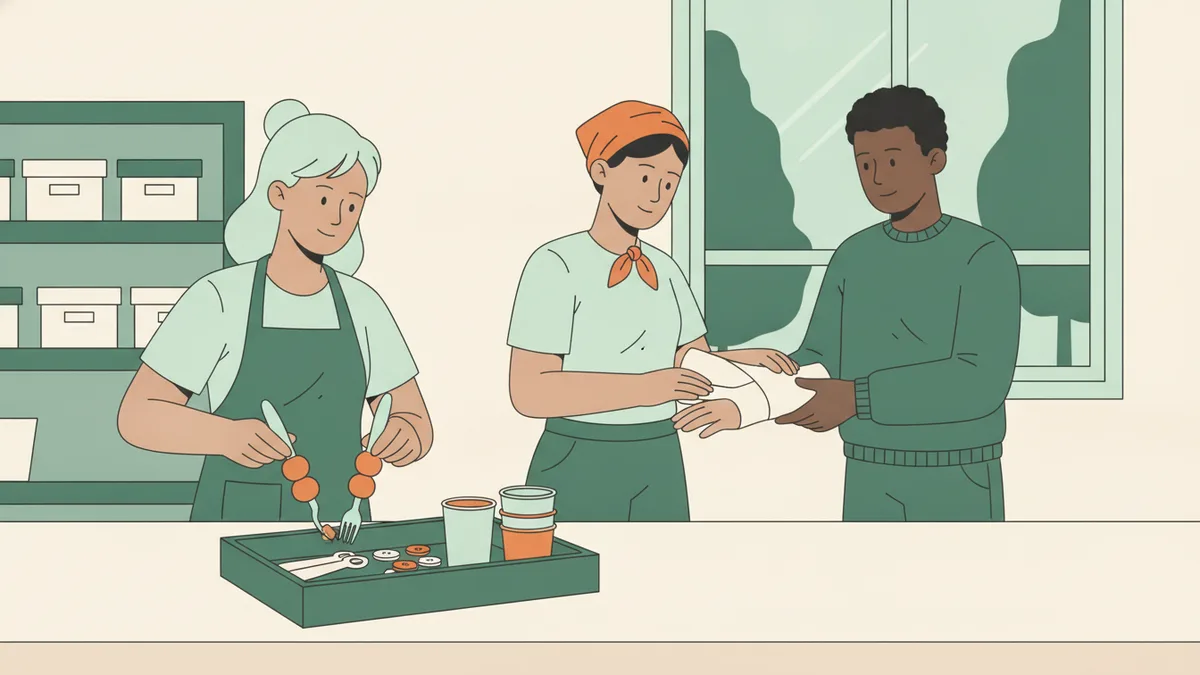 Illustration : à un établi, une étudiante façonne une attelle de main sur le poignet d'un camarade, pendant qu'une autre teste des couverts à gros manches ; des objets du quotidien sont posés sur la table.