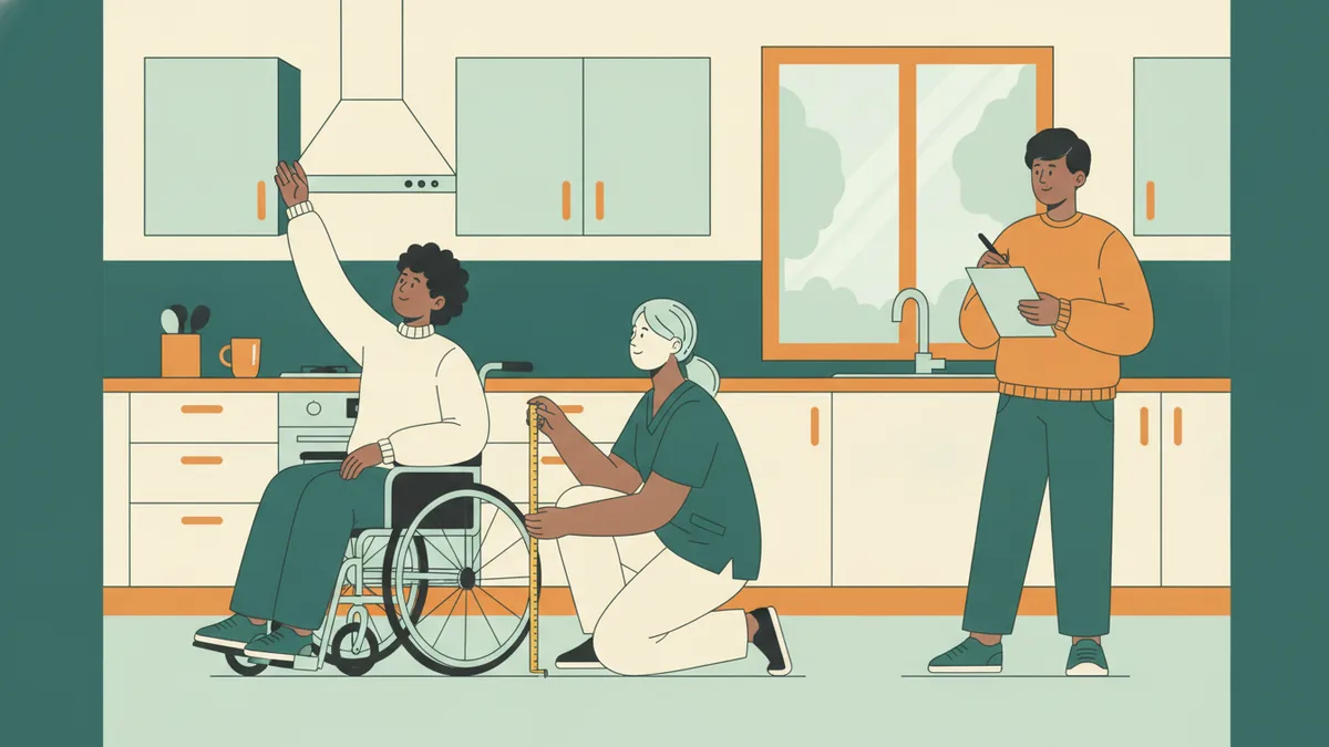 Illustration : dans une cuisine d'entraînement, une étudiante en fauteuil roulant joue une patiente qui tend le bras vers un placard trop haut ; un étudiant à genoux mesure la hauteur du plan de travail, un autre prend des notes.