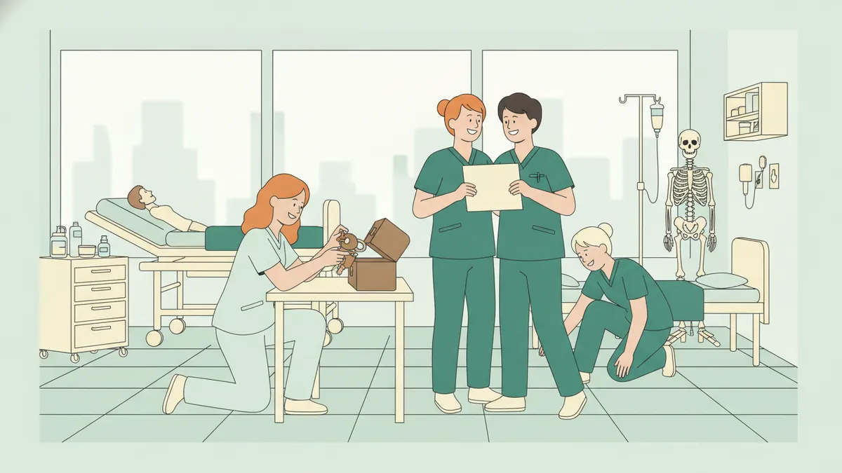 Illustration : le jour de la rentrée, des étudiants infirmiers de première année résolvent un escape game dans une salle de soins ; l'une ouvre une boîte cadenassée, d'autres lisent un indice en riant.