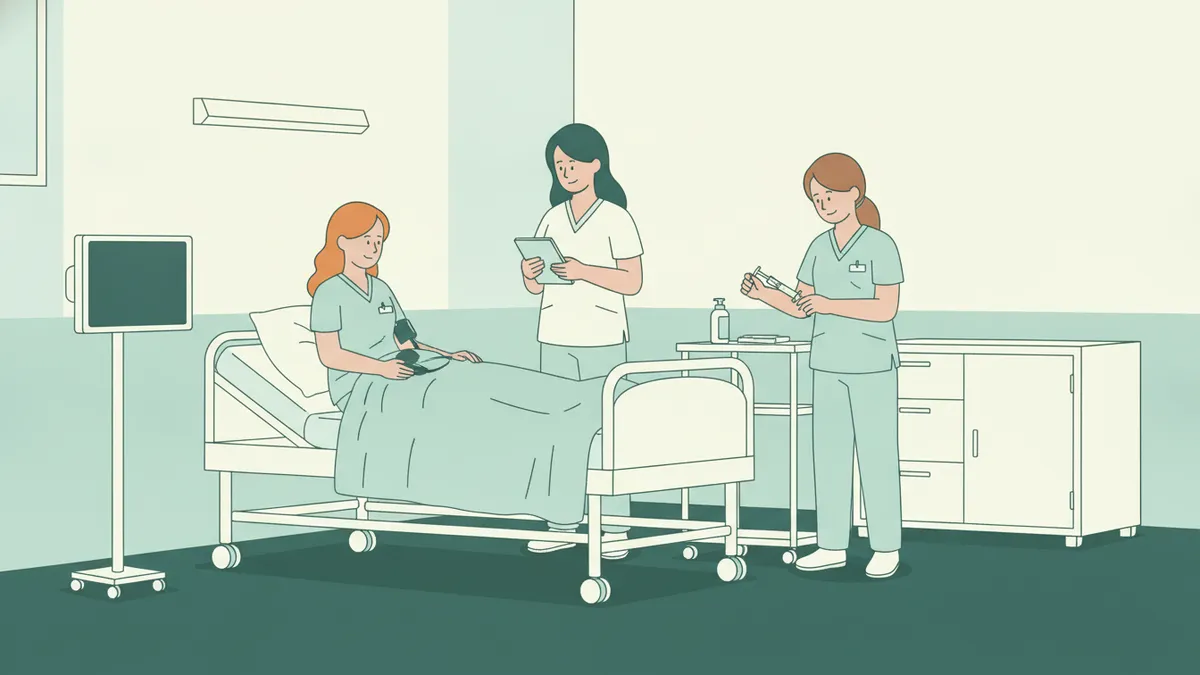 Illustration : dans une salle de simulation, deux étudiantes en tenue bleu clair s'occupent d'un mannequin patient allongé ; l'une prend la tension, l'autre prépare une seringue, une formatrice observe avec une tablette.
