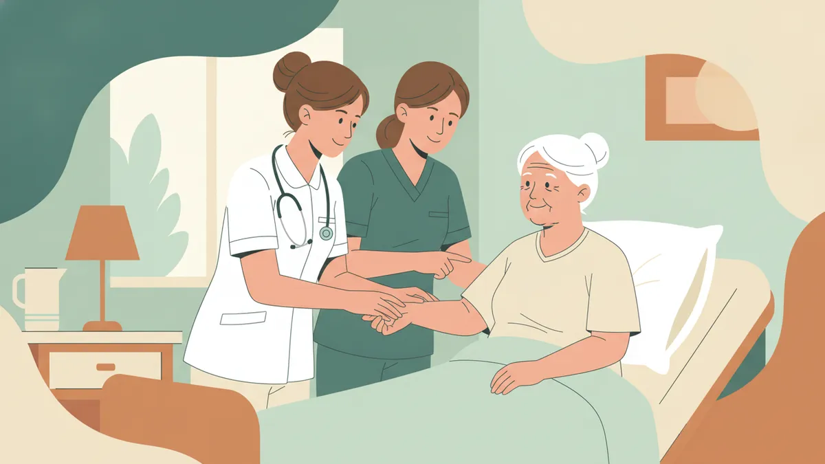 Illustration : dans une chambre d'hôpital, une étudiante infirmière en tunique blanche prend le pouls d'une patiente âgée pendant que l'infirmière qui l'encadre lui explique un geste.