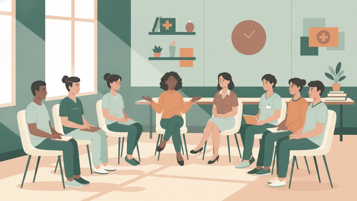 Illustration : huit étudiants infirmiers assis en cercle dans une salle lumineuse avec une formatrice ; une étudiante parle avec les mains, les autres écoutent, un cahier sur les genoux.