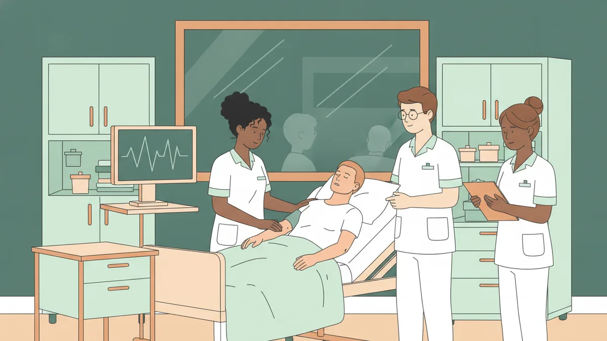 Illustration : en salle de simulation, une étudiante infirmière en tunique blanche prend le pouls d'un mannequin patient allongé dans un lit d'hôpital ; deux autres étudiants l'entourent, l'un avec un porte-documents ; un moniteur affiche un tracé cardiaque et une grande vitre sans tain occupe le mur.