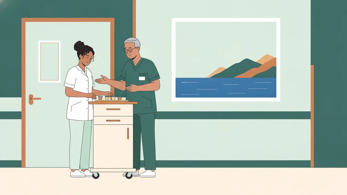 Illustration : dans un couloir d'hôpital, une étudiante infirmière en tunique blanche prépare un chariot de soins à côté d'un infirmier expérimenté qui lui explique un geste ; au mur, un tableau représente la mer et des montagnes.