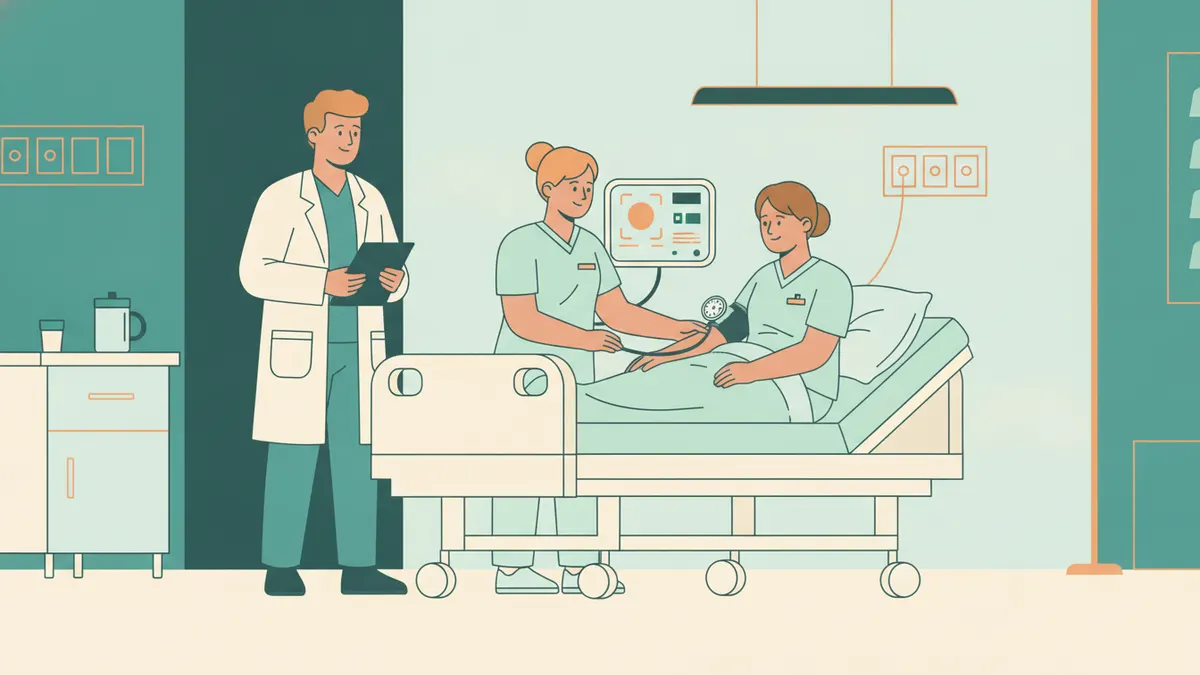 Illustration : dans une salle de soins de l'institut, deux étudiantes en tenue bleue s'occupent d'une patiente alitée ; l'une prend la tension, l'autre surveille un écran, pendant qu'un formateur en blouse blanche observe avec un porte-documents.