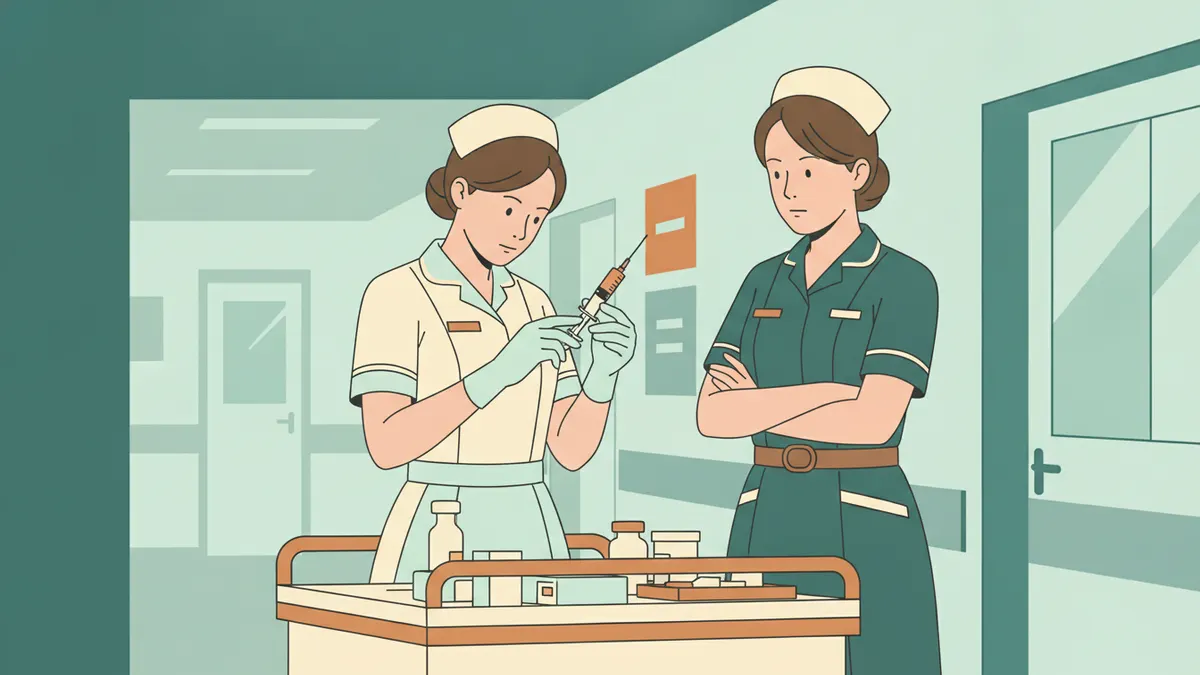 Illustration : dans un couloir d'hôpital, une étudiante infirmière prépare une injection devant un chariot de soins en lisant attentivement la graduation d'une seringue, sous le regard d'une infirmière tutrice expérimentée.