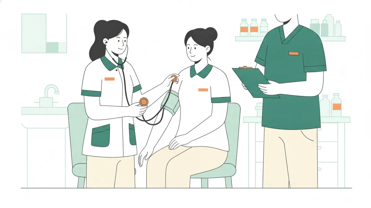 Illustration : en salle de travaux pratiques, une étudiante infirmière mesure la tension d'une camarade avec un brassard et un stéthoscope, sous le regard d'un formateur qui tient un porte-documents.