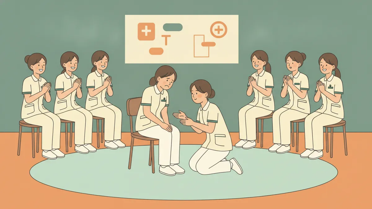 Illustration : des étudiantes infirmières en tunique blanche font un exercice de théâtre d'improvisation ; l'une joue une patiente inquiète assise sur une chaise, une autre s'agenouille pour lui parler calmement, le reste du groupe les regarde en demi-cercle.