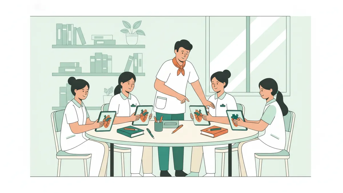 Illustration : quatre étudiants infirmiers en tunique blanche autour d'une table ronde, chacun avec une tablette affichant un dessin anatomique du cœur ; un formateur se penche pour leur expliquer.