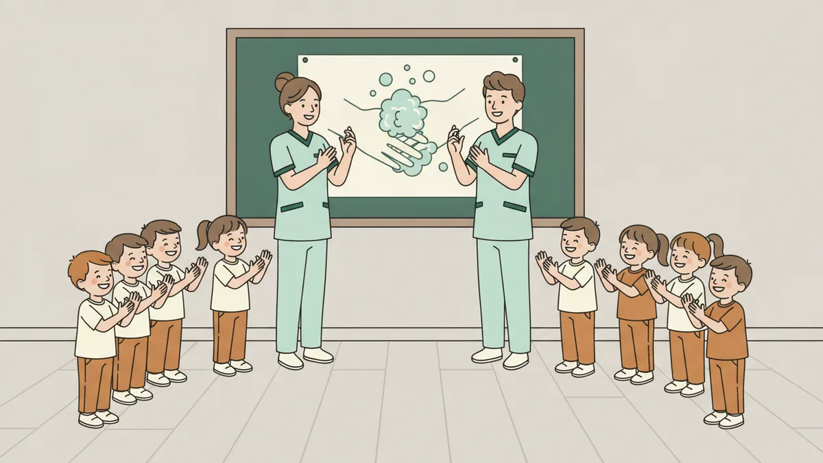 Illustration : dans une salle de classe d'école primaire, deux étudiantes infirmières montrent à des enfants assis en cercle comment bien se laver les mains, avec un grand dessin de mains au tableau.