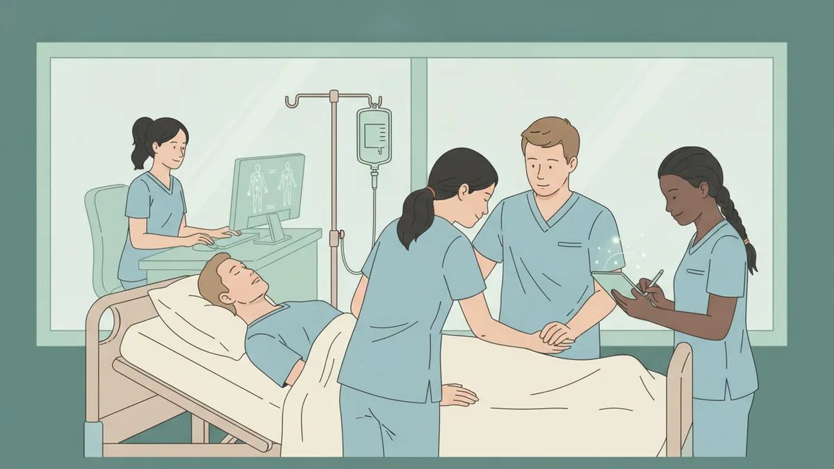 Illustration : trois étudiants infirmiers en tunique bleue autour d'un mannequin grandeur nature allongé dans un lit d'hôpital ; l'une prend le pouls, un autre règle une perfusion, une troisième note sur une tablette ; derrière une vitre, une formatrice pilote le mannequin depuis un ordinateur.