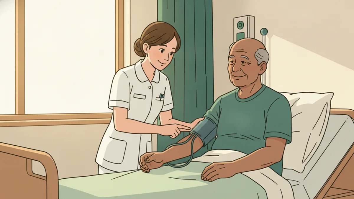 Illustration : dans une chambre d'hôpital, une étudiante infirmière prend la tension d'un vieil homme assis dans son lit, sous le regard d'une infirmière expérimentée qui lui montre le brassard.
