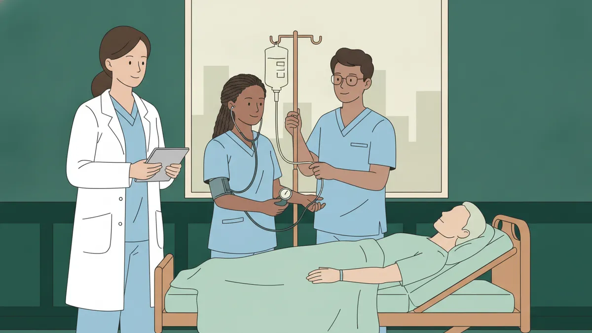 Illustration : dans une salle de simulation, une étudiante en tenue bleue prend la tension d'un mannequin allongé dans un lit d'hôpital, un étudiant prépare une perfusion sur un pied à sérum ; une formatrice en blouse blanche observe avec une tablette.