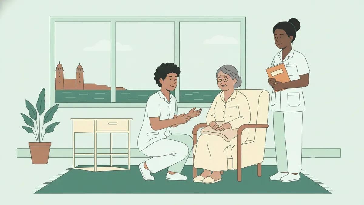 Illustration : une étudiante infirmière en tenue blanche, accroupie, parle avec douceur à une patiente âgée assise dans un fauteuil ; une infirmière tutrice se tient à côté avec un dossier de soins ; par la fenêtre, la mer et les tours d'un vieux port.