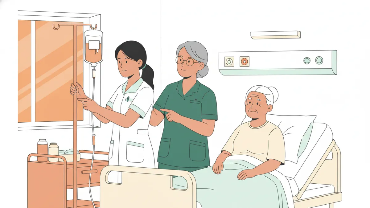 Illustration : dans une chambre d'hôpital, une étudiante infirmière en tunique blanche règle une perfusion près d'une patiente âgée assise dans son lit ; une infirmière expérimentée, à côté d'elle, lui explique le geste.