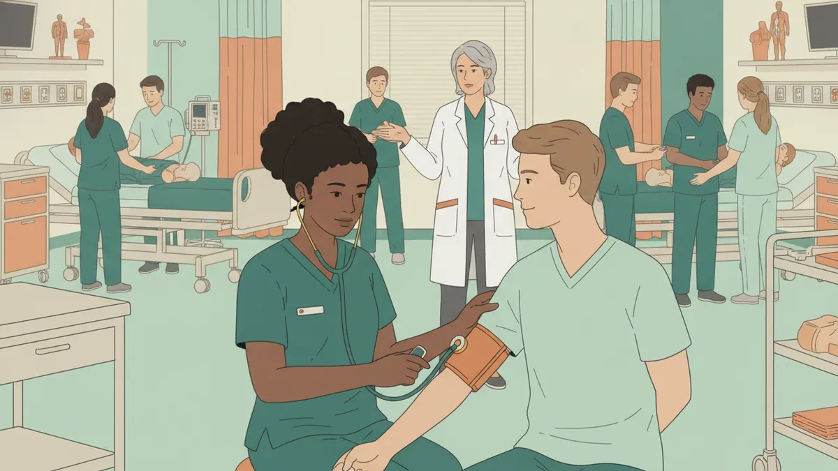 Illustration : dans une salle de travaux pratiques, une étudiante infirmière prend la tension d'un camarade assis avec un brassard et un stéthoscope ; derrière, d'autres binômes s'entraînent sur des lits et un formateur donne des conseils.