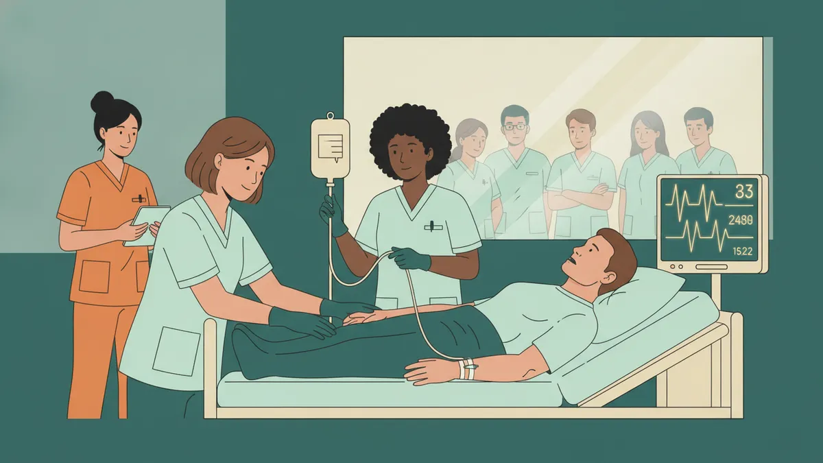 Illustration : dans une salle de simulation, des étudiants infirmiers en tenue verte s'occupent d'un mannequin patient allongé, relié à un moniteur et à une perfusion ; une formatrice prend des notes, d'autres étudiants observent derrière une vitre.