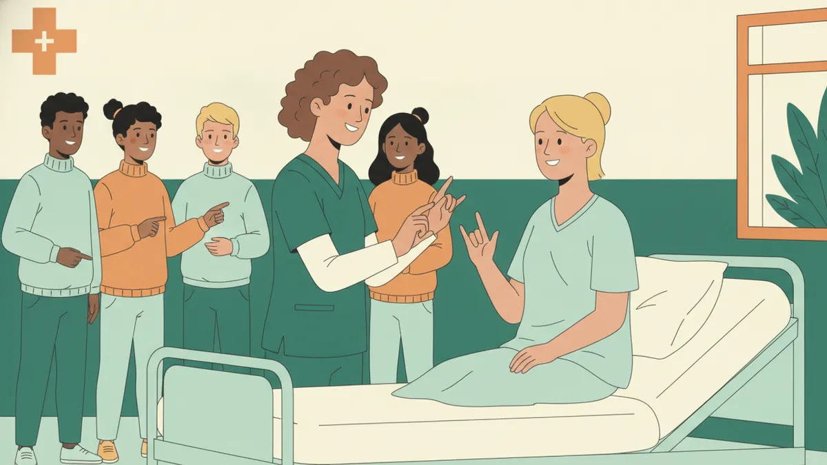 Illustration : une étudiante infirmière en tenue verte échange en langue des signes avec une patiente sourde assise sur un lit d'hôpital ; un petit groupe d'étudiants observe.