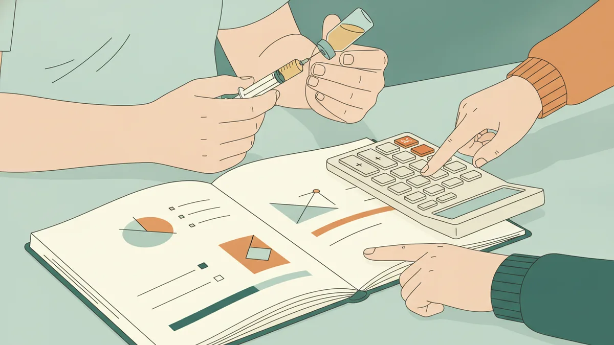 Illustration : gros plan sur les mains d'une étudiante qui prélève un produit dans un flacon avec une seringue, à côté d'une calculatrice et d'un cahier ouvert que deux camarades pointent du doigt.