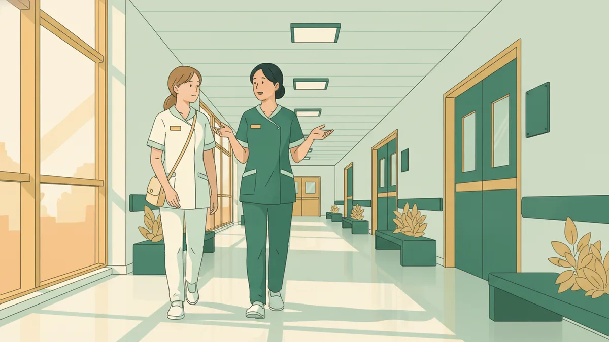 Illustration : dans un couloir d'hôpital lumineux, une étudiante infirmière française marche aux côtés d'une infirmière locale qui lui explique le service.