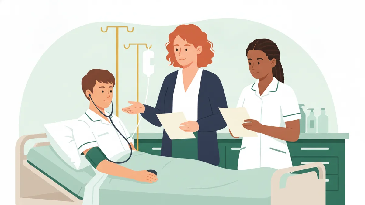 Illustration : trois étudiants infirmiers en tunique blanche autour d'un lit ; l'un prend la tension d'un mannequin patient, une formatrice en gilet bleu marine leur montre une feuille de soins.