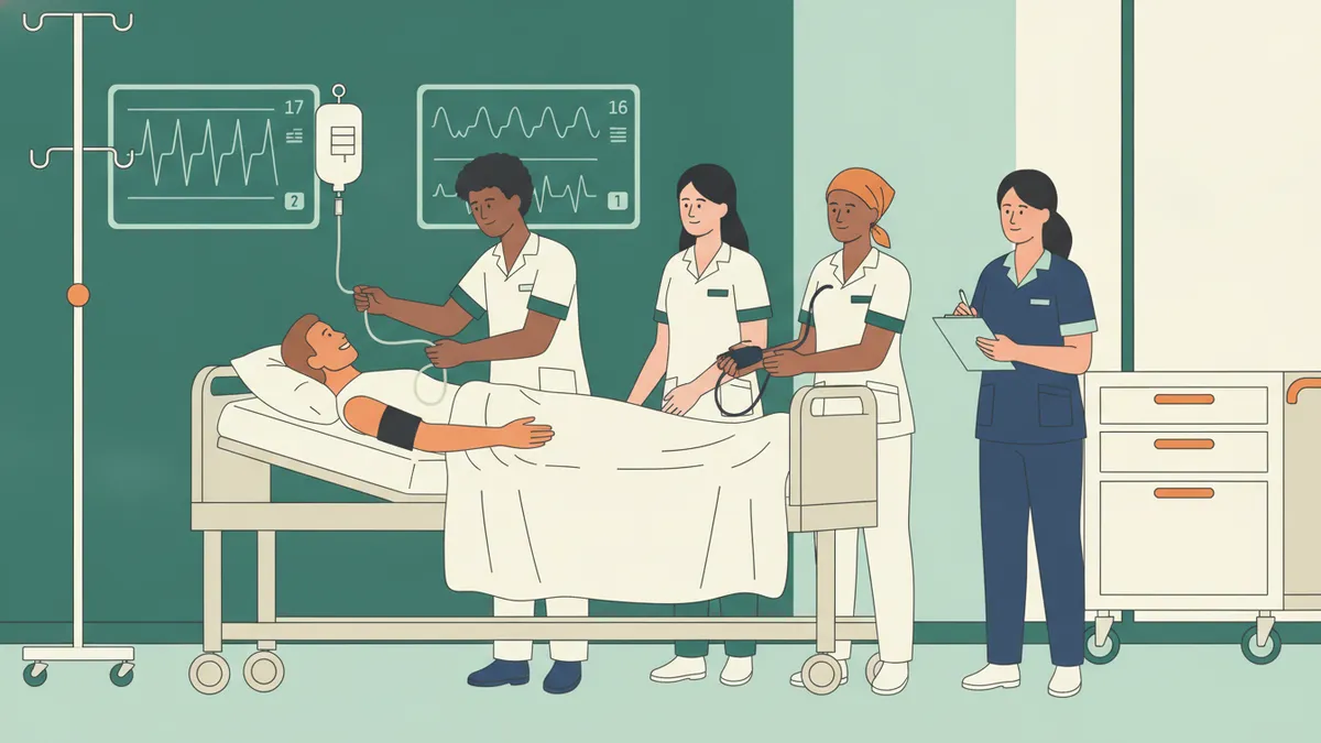 Illustration : dans une salle de simulation, trois étudiants en tunique blanche s'occupent d'un mannequin allongé dans un lit d'hôpital ; l'un règle la perfusion, un autre prend le pouls, une formatrice en tunique bleu marine observe et prend des notes devant des écrans de surveillance.