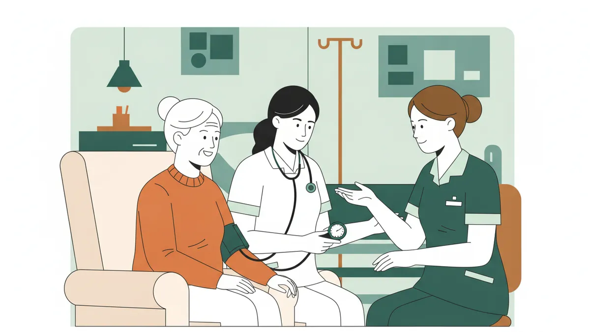 Illustration : une étudiante infirmière en tunique blanche, stéthoscope autour du cou, prend la tension d'une patiente âgée souriante assise dans un fauteuil ; une infirmière expérimentée, à côté, lui montre le geste.