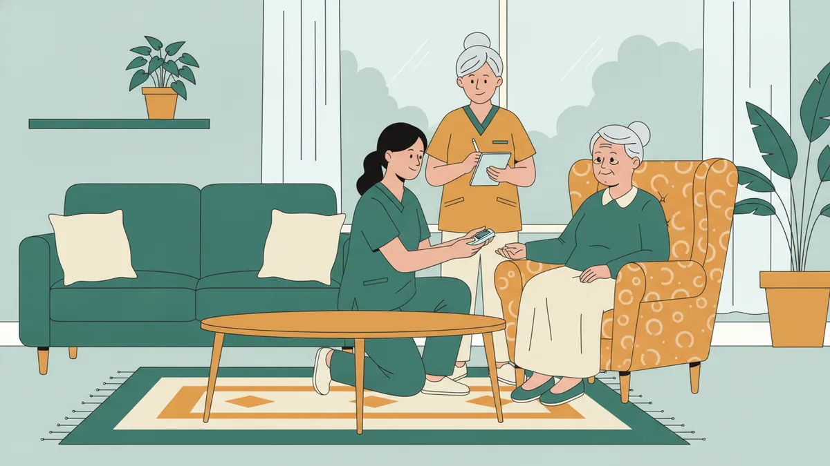 Illustration : une étudiante infirmière et une infirmière libérale rendent visite à une dame âgée dans son salon ; l'étudiante mesure sa glycémie avec douceur.