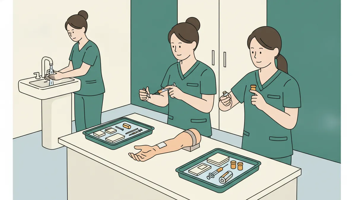 Illustration : en salle de travaux pratiques, des étudiantes infirmières en tenue verte se lavent les mains et préparent une injection sur un bras d'entraînement, sous le regard d'une formatrice ; des plateaux stériles sont posés sur la table.