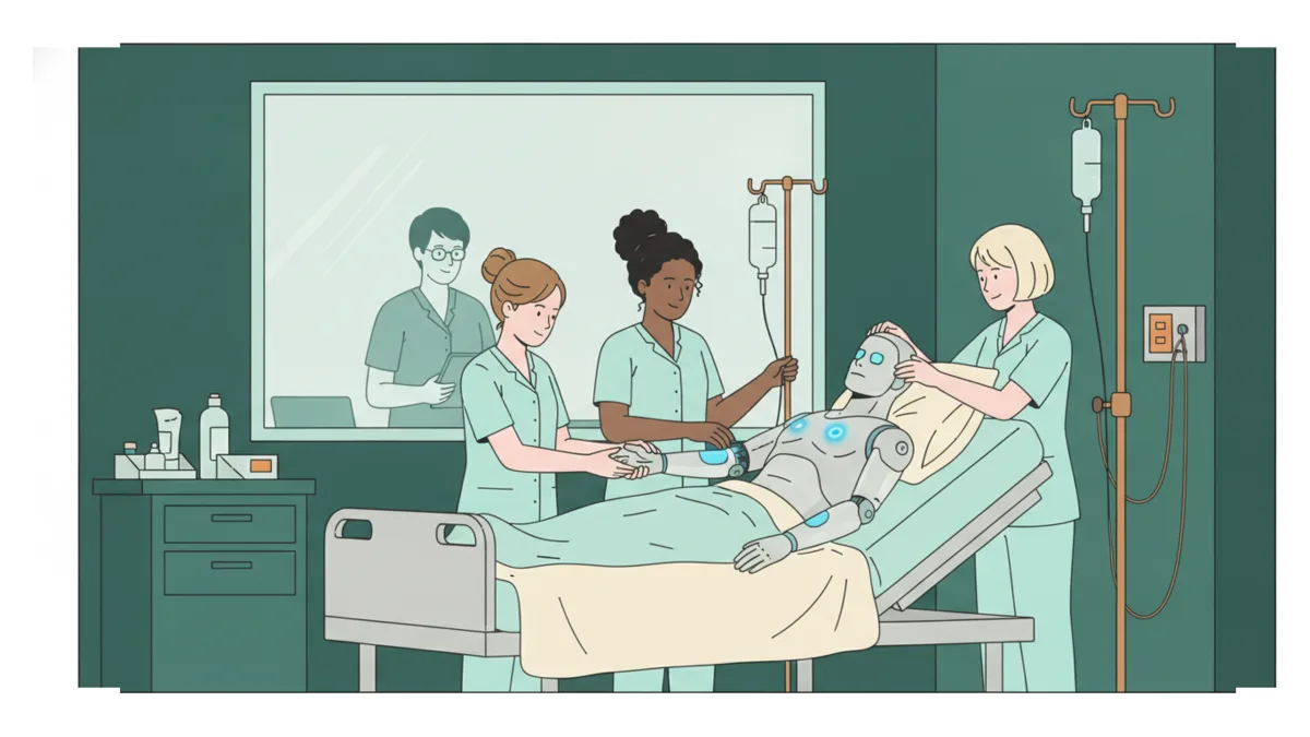 Illustration : dans une salle de simulation, trois étudiantes infirmières en tenue bleu clair s'occupent d'un mannequin haute technologie allongé dans un lit d'hôpital ; l'une prend le pouls, une autre prépare une perfusion, une formatrice observe derrière une vitre.