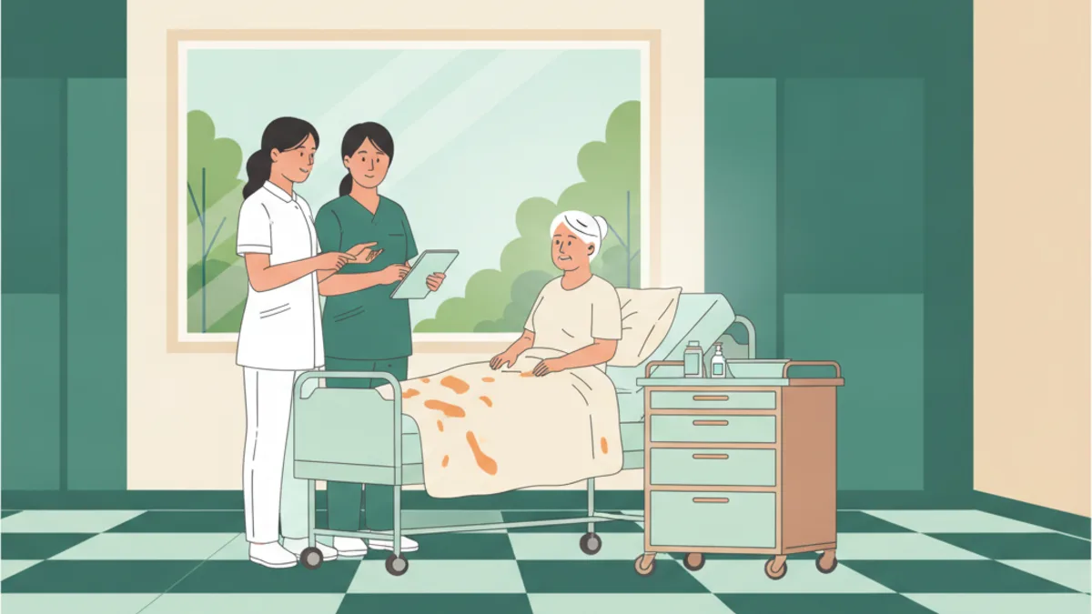 Illustration : dans une chambre d'hôpital, une étudiante infirmière en tunique blanche explique un soin à une patiente âgée assise dans son lit, à côté de son infirmière tutrice qui tient une tablette ; un chariot de soins près du lit.