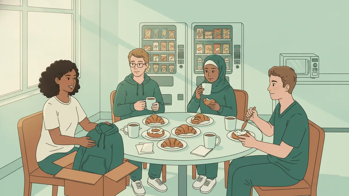 Illustration : un matin, dans un petit espace étudiant avec des distributeurs et un micro-ondes, des étudiants infirmiers partagent des croissants et du café autour d'une table ; une étudiante distribue des sweat-shirts.